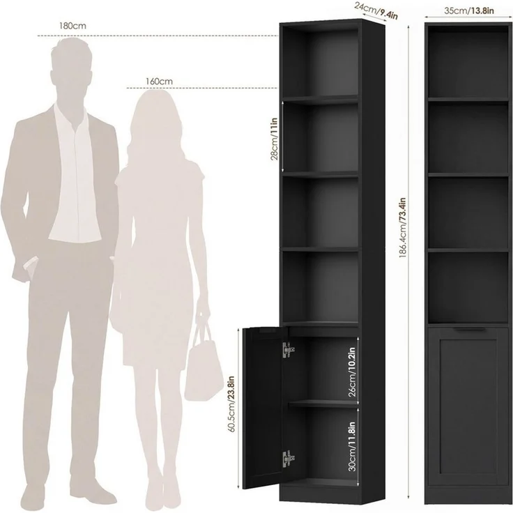 Homfa Bücherregal mit 6 Ebenen Bücherschrank Standregal mit Tür Eckregal, Hochschrank, Billy Regal für Homeoffice Bad, schwarz, 35 x 24 x 186,4 cm – Bild 2