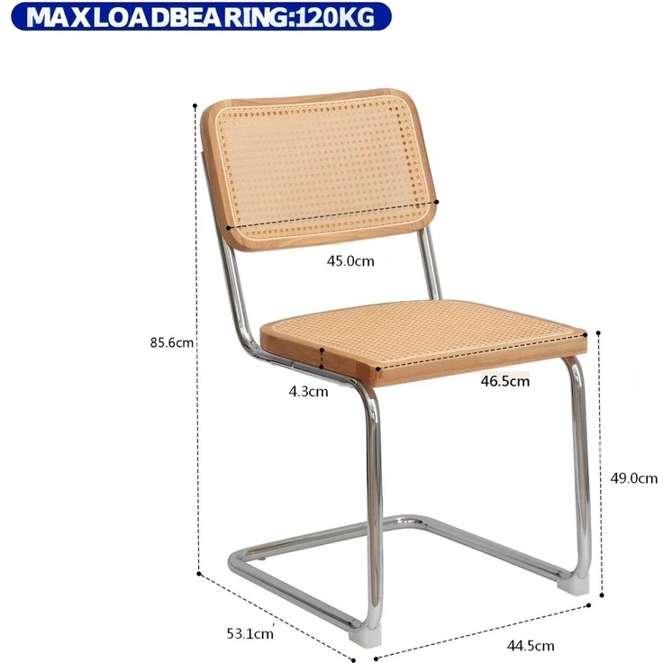 LVHOM 2er Set Freischwinger, Esszimmerstuhl mit Wiener Geflecht, Bauhaus Küchenstuhl aus Natur-Rattan, 25mm Chromgestell, stapelbarer Wohnzimmerstuhl, Natur – Bild 5