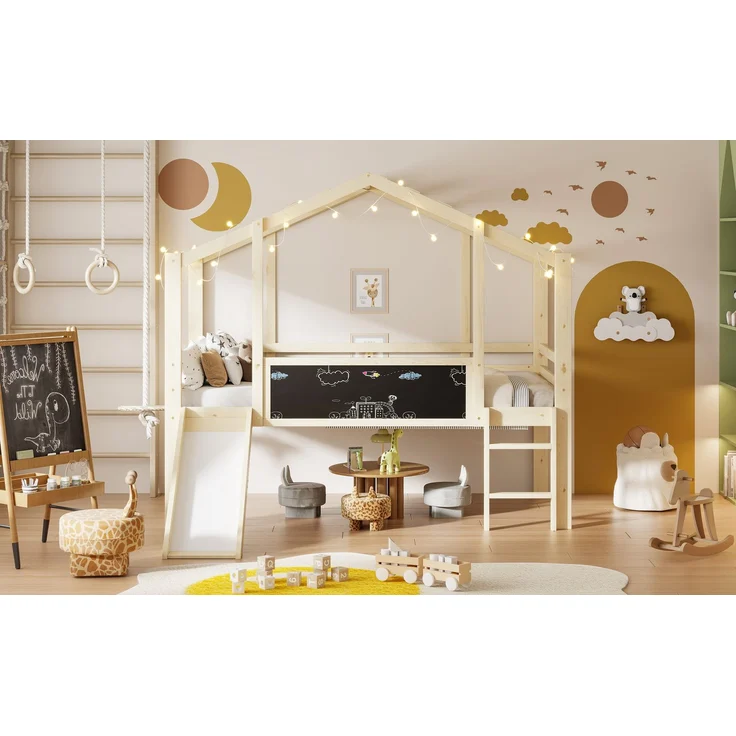 Kinder Hochbett Mit Rutsche Und Schiefertafel 90x200 Hausform Massivholz 120kg Tragfähig Sicherheitsgeländer Spielbett Mitwachsend – Bild 4