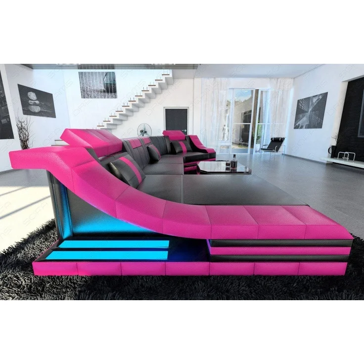 Sofa Dreams - Mini Luxus Wohnlandschaft Turino C-Form mit LED - Ledermix - Schwarz-Pink - Links – Bild 2