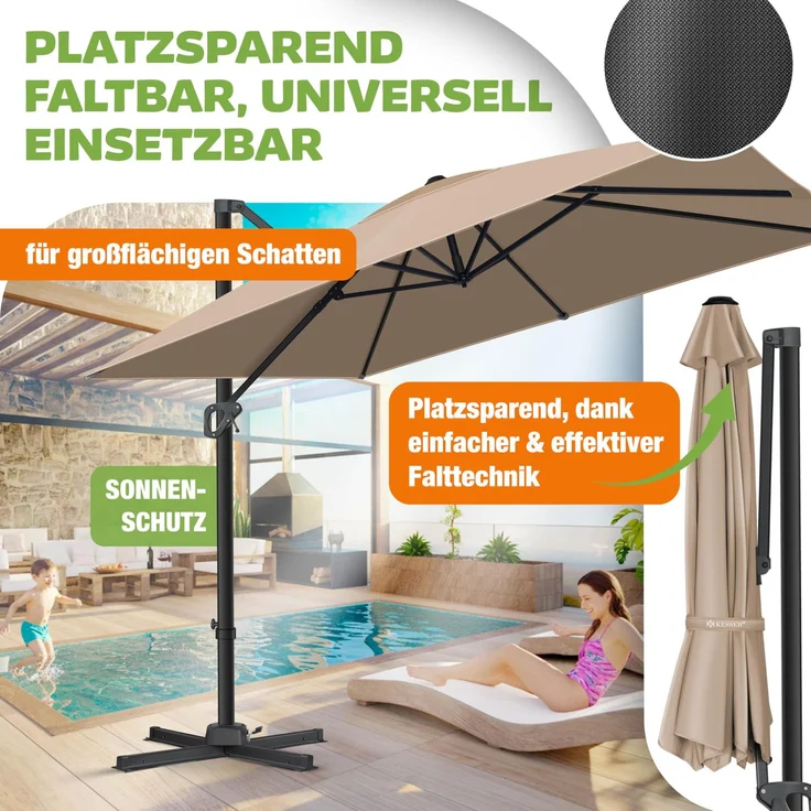 KESSER® Sonnenschirm Ampelschirm SUN XL 300 x 300 cm Inkl. Abdeckung +Windsicherung Drehbar Neigbar Kippbar Marktschirm Groß 360° Rotation, Gartenschirm mit Kurbel Sonnenschutz UV50+ Taupe, Ohne LED – Bild 4
