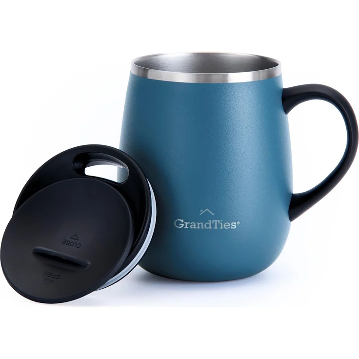 Grandties Thermo Kaffeebecher mit Griff -Schiebedeckel für Spritzschutz 460 ml Weinglasform Coffee To Go Becher Kaffeebecher To Go,Doppelwand-Edelstahl Hält Getränke Warm oder Kalt-Blau