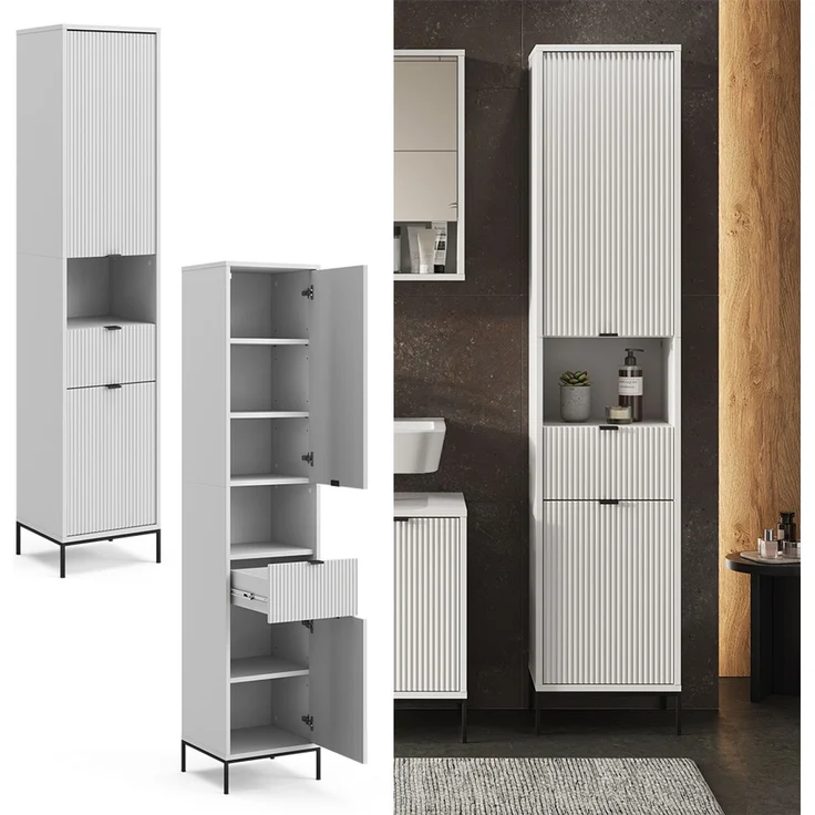 Badschrank Eliza Weiß 40 x 190 cm mit Türen, und Schublade Vicco – Bild 2