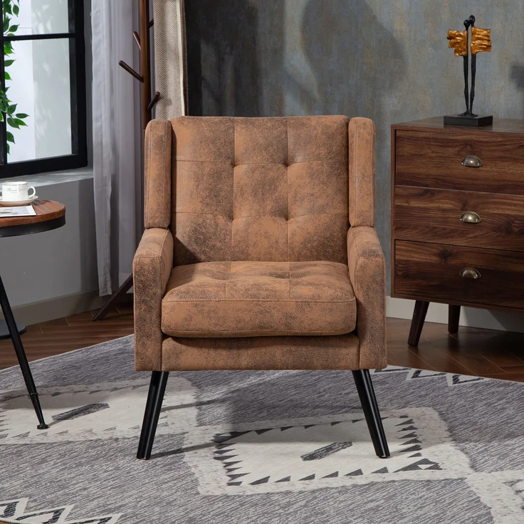 LVHOM Sessel aus Suedevlies mit Knopfsteppung, Relaxsessel mit Massivholzbeinen, Polstersessel für Wohnzimmer & Büro, bis 130kg, Braun – Bild 6