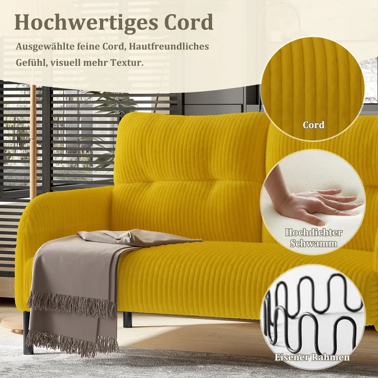 LVHOM 2-Sitzer Sofa mit Metallsockel, Doppelsofa Cordstoff mit Seitentaschen, Polstersofa Stoffsofa Sitzmöbel Loungesofa, 120x79x75cm – Bild 3