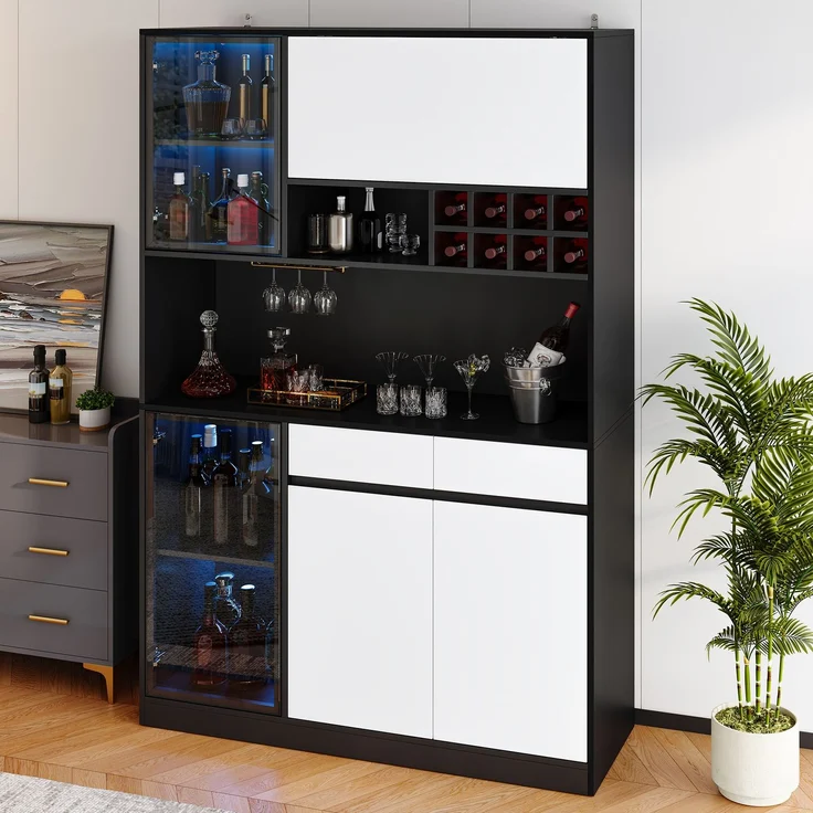 Mehrzweck Hochschrank mit LED Beleuchtung, Vitrine, Sideboard Schrank, Aufbewahrungsschrank mit Türen und Schubladen, modernes Wohnzimmerschrank Möbel für Küche, Esszimmer und Büro--Schwarz, Weiß--120x35x180cm--YOUDENOVA – Bild 8