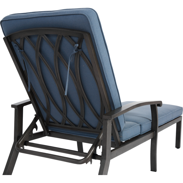 Lounge Gartenstuhl mit verstellbarer Rückenlehne, Aluminium Rahmen, bronzefarbene Pulverbeschichtung, Baumwollkissen blau – Bild 7