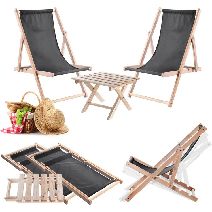 KADAX-Set aus natürlichem Couchtisch für Liegestühle + 2 Liegestühlen in dunklem Graphit – Bild 1