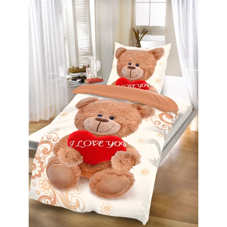 Fleece Bettwäsche Weiß-Beige mit Teddy-Herzmotiv aus 100% Polyester 135x200 cm – Bild 3