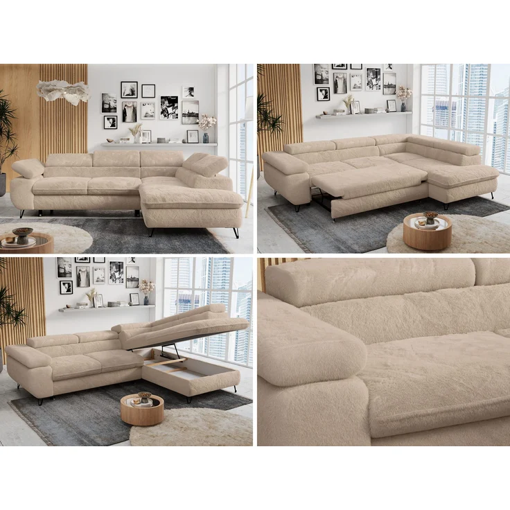 Ecksofa mit Bettfunktion, Modern Sofa, L-form, Einstellbare Kopfstützen, Bettkasten - PETER - Beige Plüsch - Topper T25 - rechts – Bild 2
