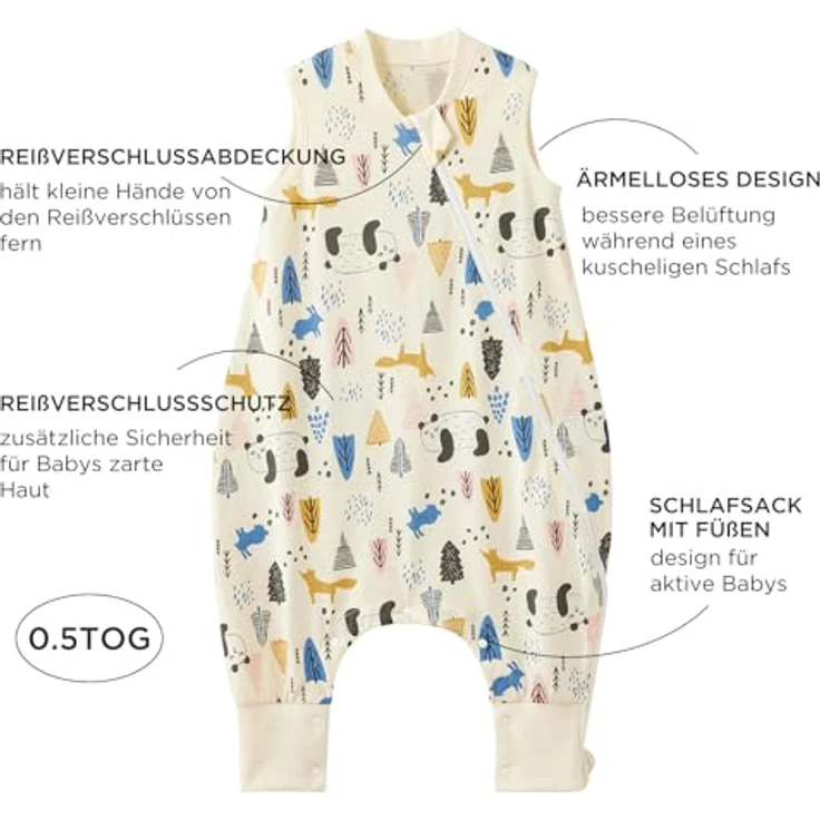 Duomiaomiao Schlafsack mit füßen, Sommerschlafsack mit füßen,100% Musselin Schlafsack Baby,Sommerschlafsack Baby 0.5 tog mit Doppelreißverschluss, schweißableitend und atmungsaktiv – Bild 4
