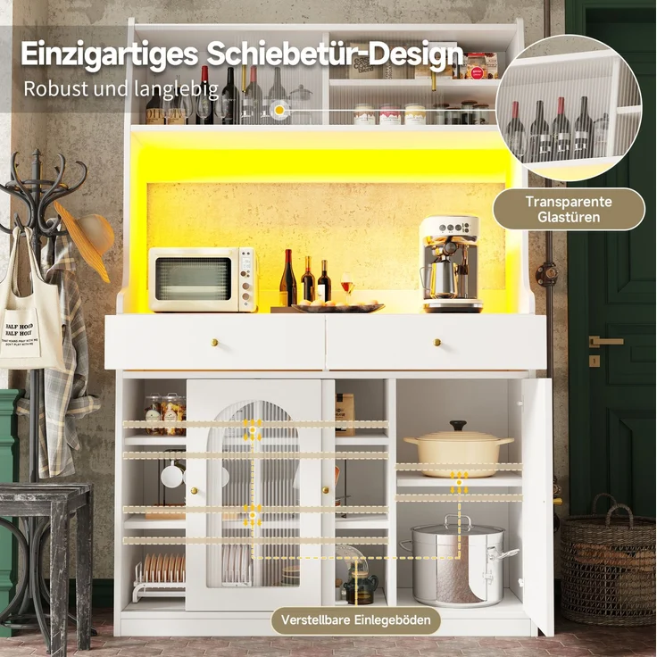 LED-Hochschrank 120×40×180 cm, App-gesteuert, Glasschiebetüren, Aluminiumgriffe, 2 Schubladen, verstellbare Einlegeböden, 180cmx120cmx40cm, Weiß – Bild 4