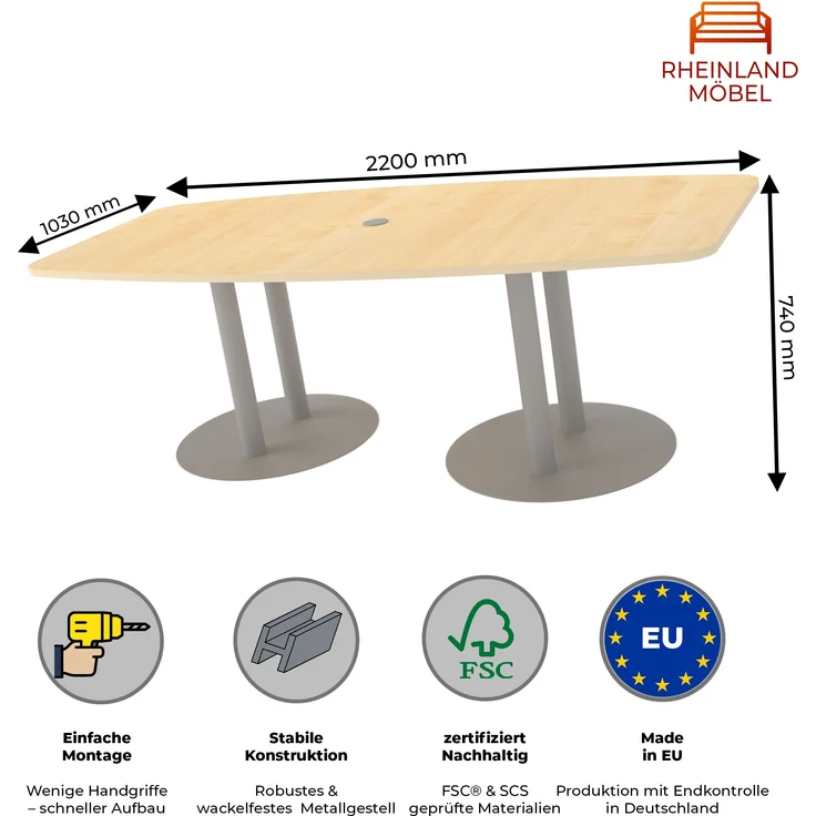 Rheinland Möbel Konferenztisch KONTI 220x103 cm – ovaler Besprechungstisch in Ahorn mit silbernen Säulenfüßen & Kabelauslass, Meetingtisch für 6–8 Personen, moderner XXL-Tisch fürs Büro & Besprechungsraum – Bild 3