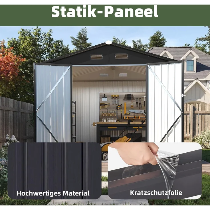 Aoxun Großes Gerätehaus aus Metall 235x171x196cm, wetterfestes Gartenhaus mit Doppeltür & Satteldach, abschließbarer Geräteschuppen für Garten, Hinterhof, Terrasse,Schwarz – Bild 4