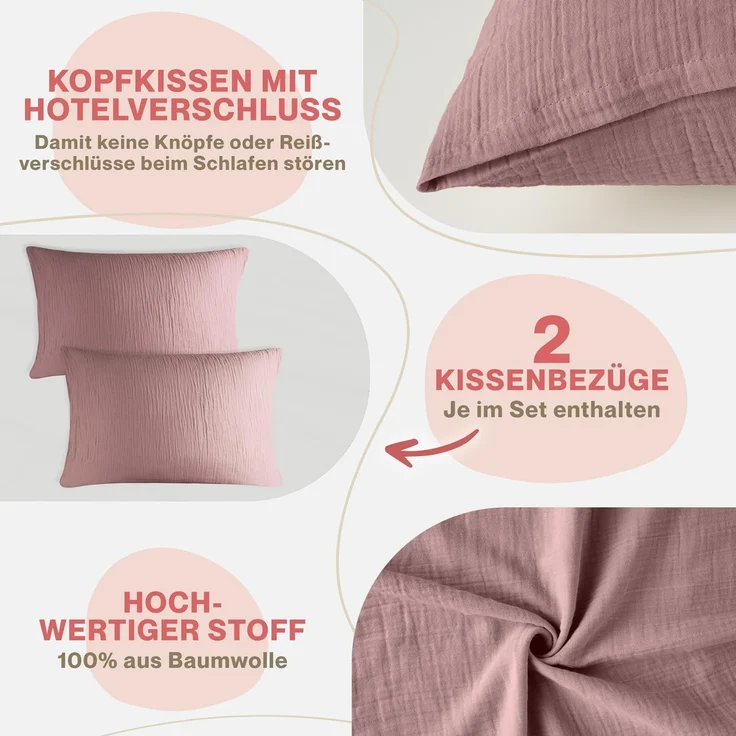Blumtal Kissenbezug Musselin Kissenbezug - Oeko-TEX zertifiziertes Musselin Kopfkissen, (2 Stück), 100% Baumwolle – Bild 4