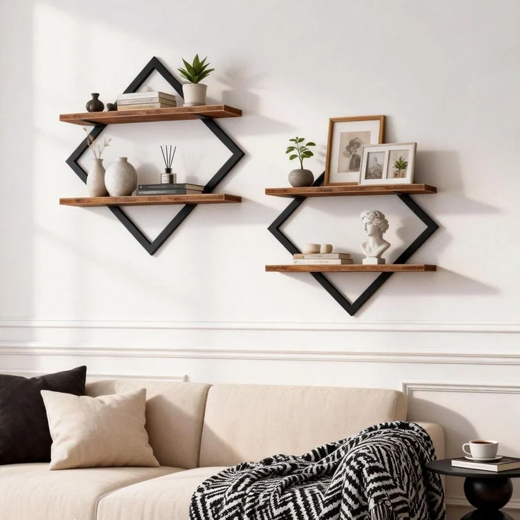 BlingBin Wandregal 2er-Set, Schweberegal, 2-stöckige Hängeregale, Wandboard, Regal 2-tlg, für Wohnzimmer, Schlafzimmer, Küche, Büro,Rustikales Braun und Schwarz – Bild 2