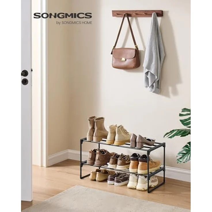 SONGMICS Schuhregal 2 Ebenen, Schuhständer Metall, Schuhaufbewahrung, Schuh-Organizer, aufrecht oder umgedreht, für 6-9 Paar Schuhe, stapelbar, Flur, 30 x 68 x 33,8 cm, schwarz LSA202B01 – Bild 3