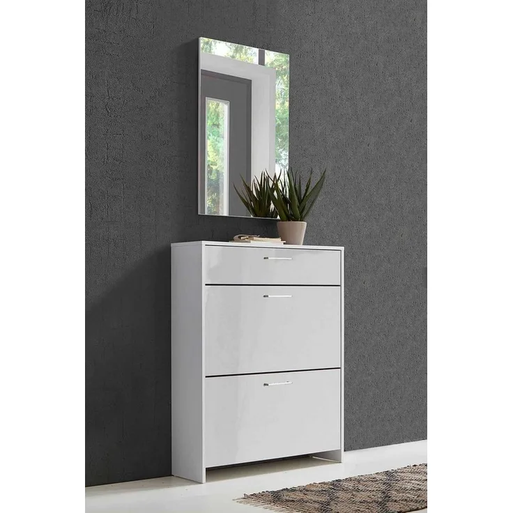 BMG Möbel Schuhkipper Palermo (Schuhschrank Schuhregal Garderobe, Made in Germany), Metallgriffe, weiß lackierte Hochglanzfronten