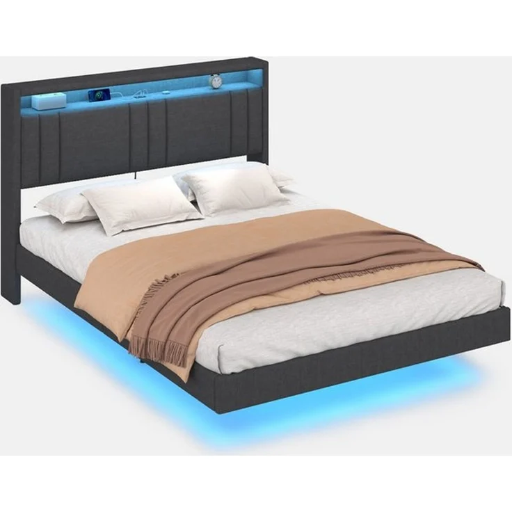 MSMASK Bettgestell Bett Bettgestell 140x190 cm, Bettrahmen mit LED-Beleuchtung, Leinenstoff Grau – Bild 4
