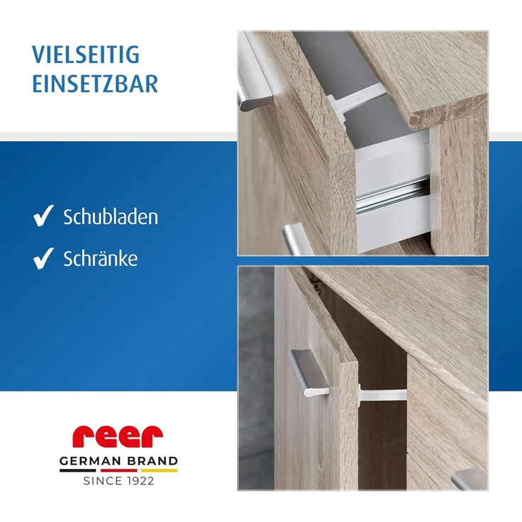 reer Schrank- und Schubladensicherung mit Montagehilfe | Einfache Einhand-Bedienung | Schraubmontage | integrierter Klemmschutz | 3 Stück | Farbe: weiß – Bild 8