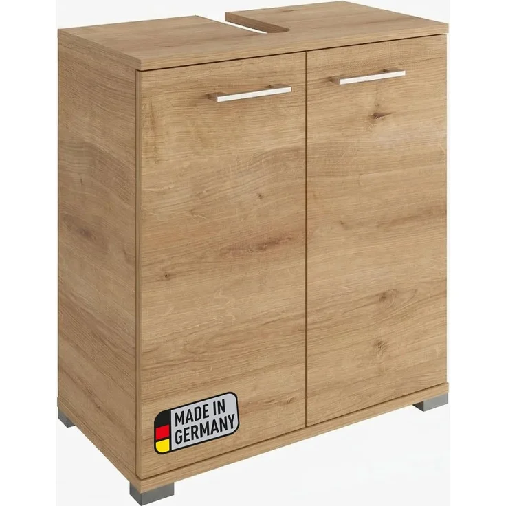 FACKELMANN Easy Waschbeckenunterschrank, Berg-Eiche Holzoptik, 60 cm Breite, stehend, Made in Germany – Viel Stauraum auf eleganten Füßen