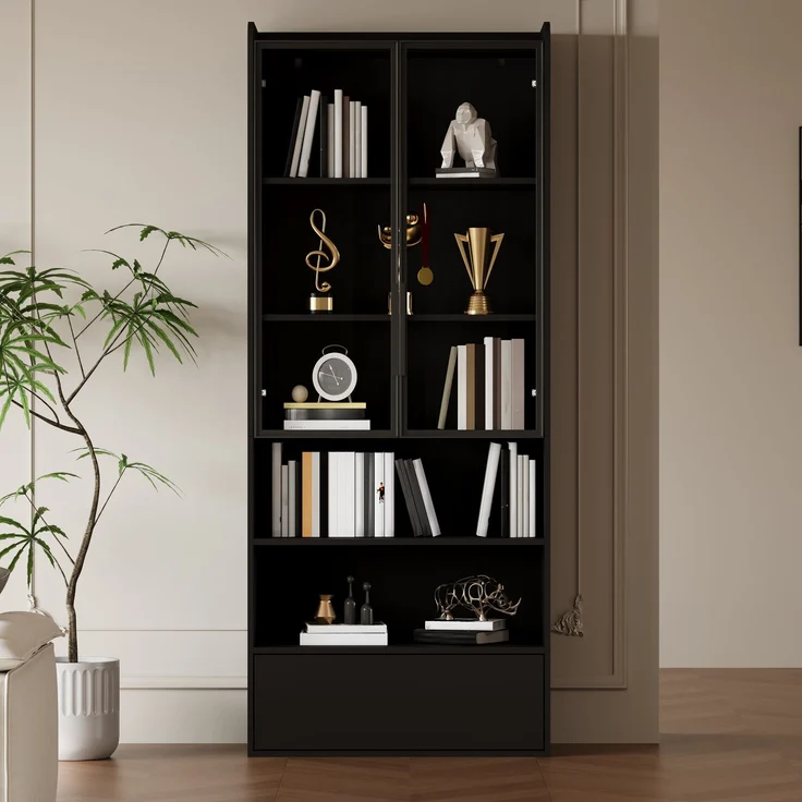 Vitrine 80x34x180 cm in Schwarz, Hochglanz-MDF mit Glastür, LED und Schublade – Bild 2