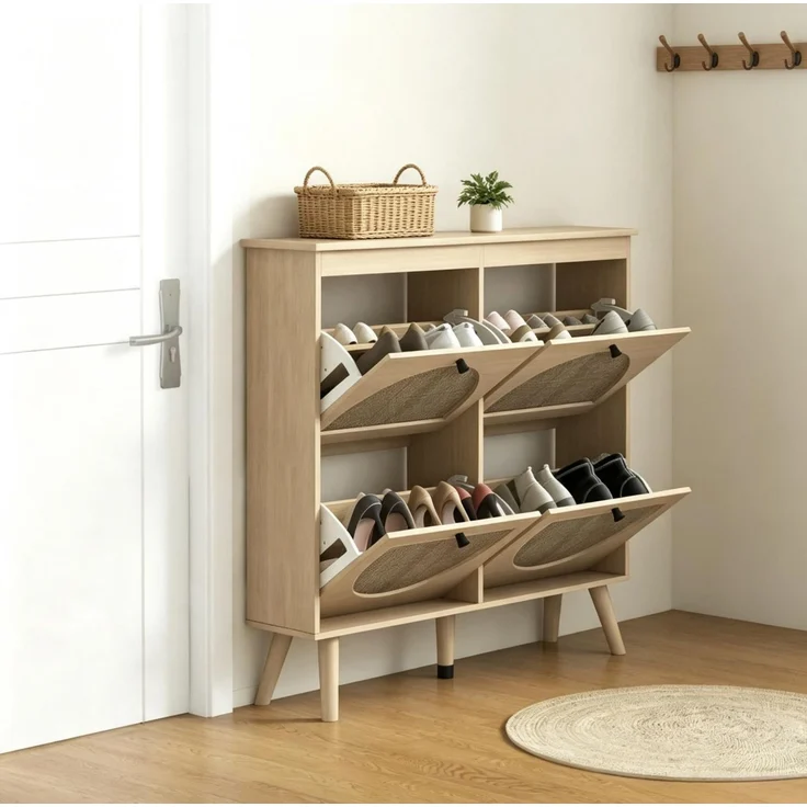 DESVIAE Garderobenschrank Schuhschrank Naturholz aus Spanplatte/Rattan – 105x97,5x24 cm – 4 Klappfächer – Bild 2