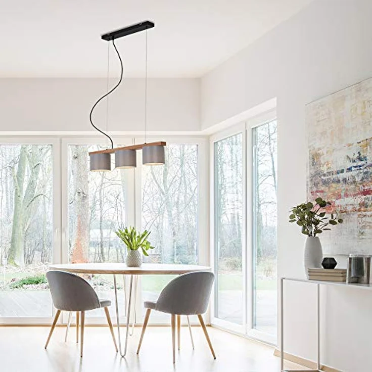 Briloner Pendelleuchte grau mit Holz Stoff, 3-flammig E14, Höhenverstellbar, IP20 – Bild 5