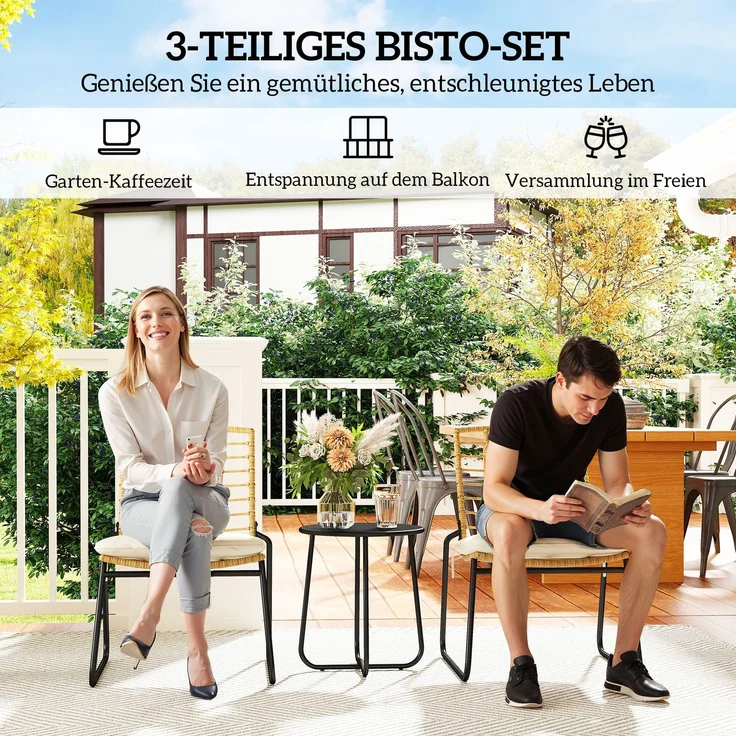 Outsunny Balkonmöbel Set, Stahl, PE-Rattan, Beige, 56L x 67B x 78H cm – Bild 4