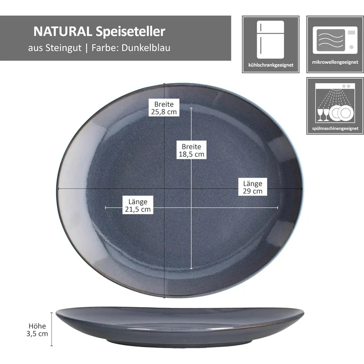 MÄSER Speiseteller Mäser 6x Natural Speiseteller oval Steingut große Ess-Teller blau – Bild 6