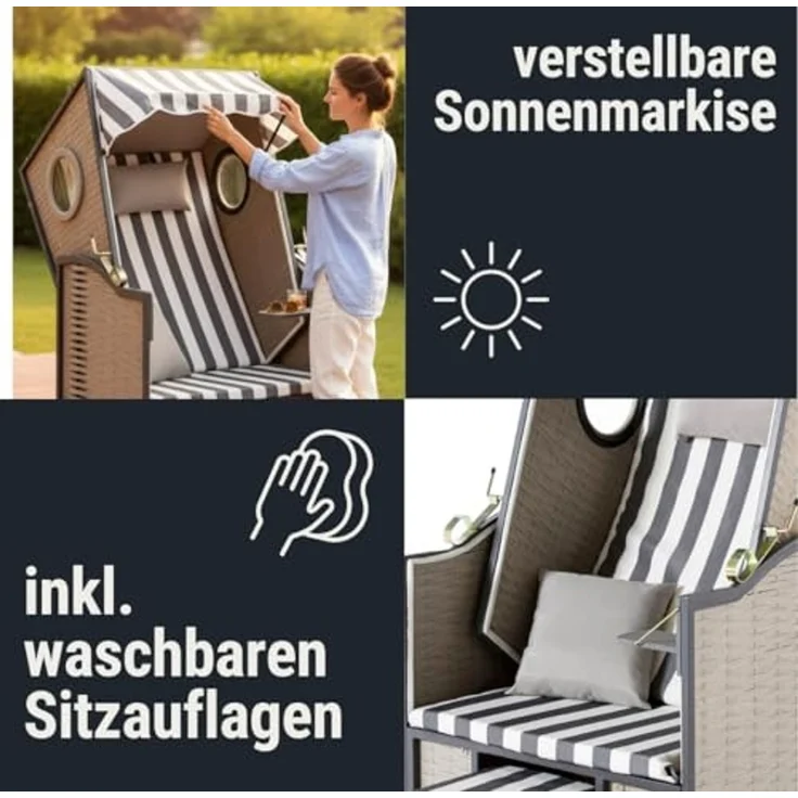 Wohnando Strandkorb Single Strandkorb "Kapitän", 80x73x158cm (BxTxH), (1-tlg), im Martimen Design mit Bullauge – Bild 5