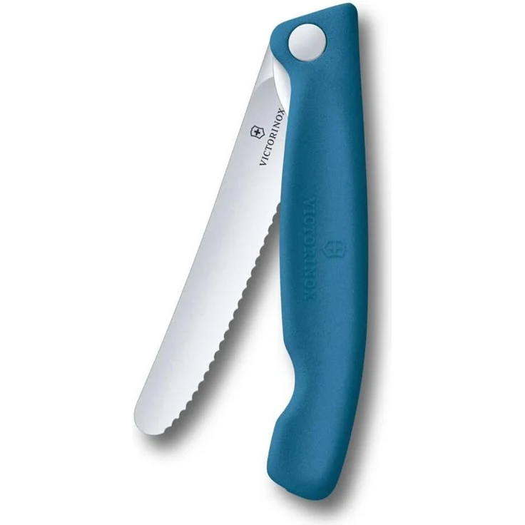 Victorinox Swiss Classic Faltbares Picknick-Messer für Wanderungen, Obst, Gemüse, Brötchen, Wurst, mit Wellenschliff, Extra Scharf, Blau