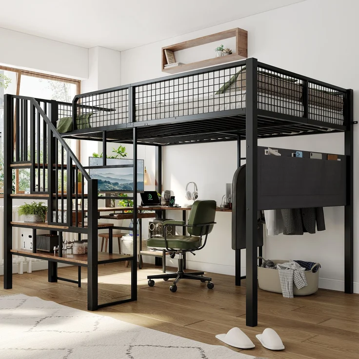 EINHOM Metallbett 140 x 200 cm in Schwarz, Hochbett mit L-förmigem Eckschreibtisch, Treppe, Tastaturauszug, Ladeanschluss und Seitlicher Stofftasche (Ohne Matratze) – Bild 1
