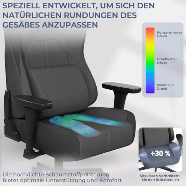 JUMMICO Gaming Stuhl aus Stoff mit Rennsitz, Komfort Bürostuhl Ergonomisch mit 3D-höhenverstellbaren, Schreibtischstuhl Neigefunktion (90°-135°), Belastbarkeit 200 kg, Grau – Bild 5