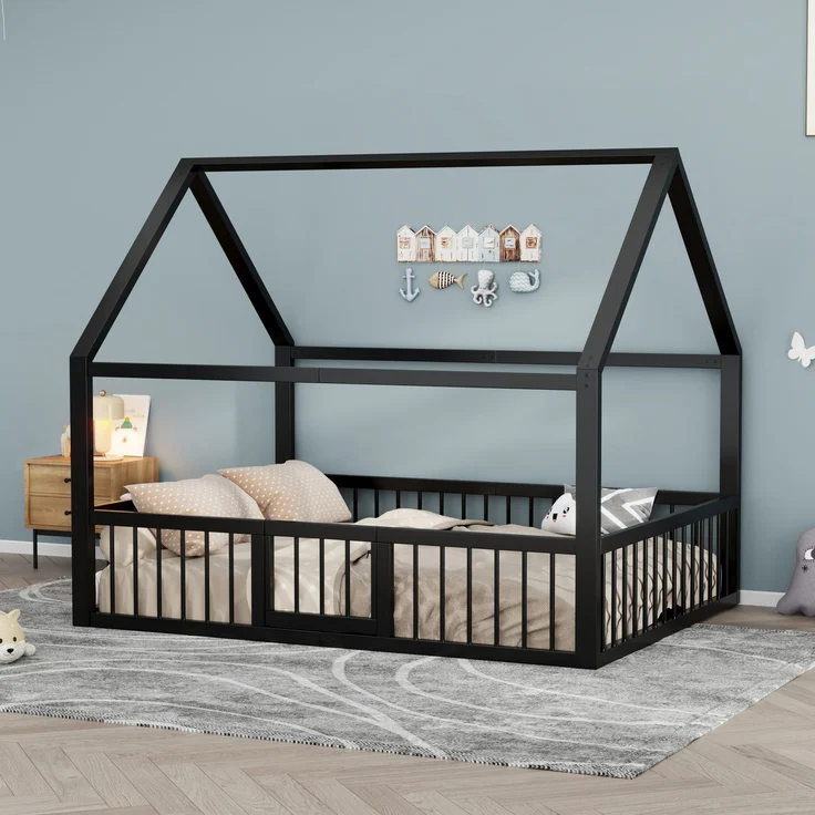 Hausbett mit Lattenrost, Zaun, Tür und Rausfallschutz, 140x200 cm, Metallbett, Kinderbett, Doppelbett, Jugendbett – Bild 3