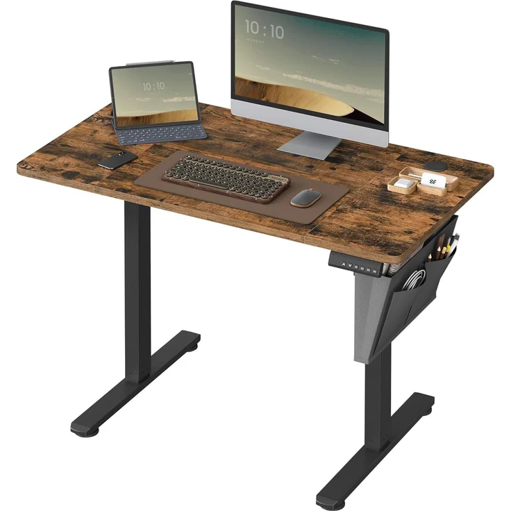 Songmics Schreibtisch mit Stoff-Organizer, elektrisch höhenverstellbar, Memory-Funktion für 4 Höhen, Holz vintagebraun, 60x110 x (72-120) cm – Bild 1