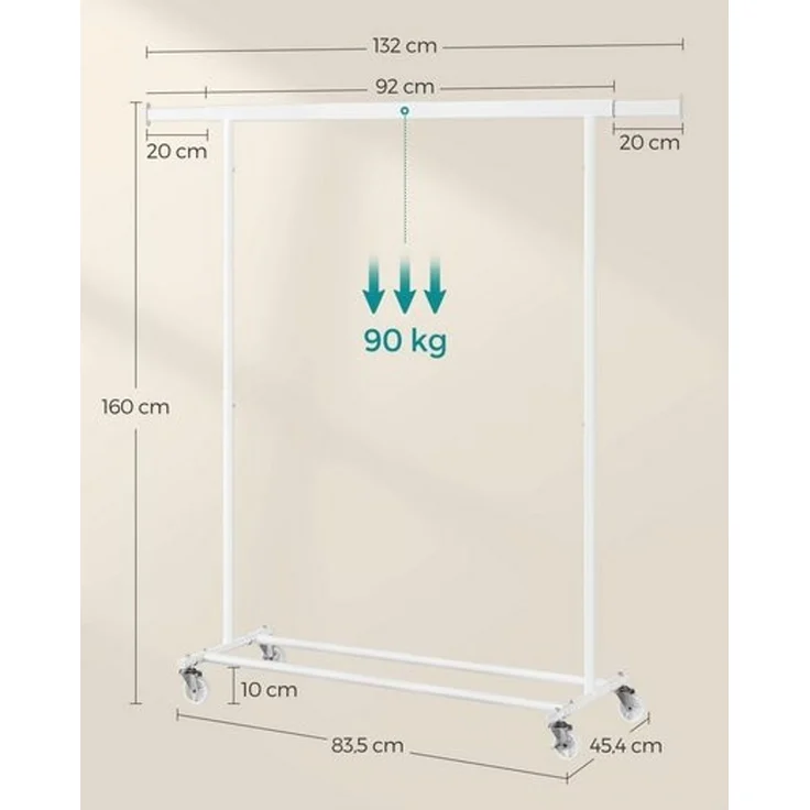 Songmics Garderobenständer auf Rollen bis 90 kg belastbar, Stahl weiß, 45,4 x (92-132) x 160 cm – Bild 4