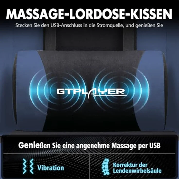 GTPLAYER Gaming Stuhl, Bürostuhl, Ergonomischer Pc Stuhl, Gaming Sessel mit Massagelendenwirbelstütze, Task Stühle mit Fußstütze und Kopfstütze, Blau Stoff – Bild 5