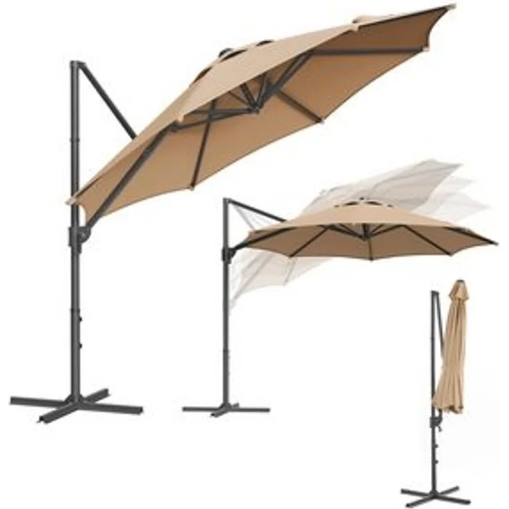 Songmics Sonnenschirm, Ampelschirm, 300 cm, UPF 50+, Gartenschirm, um 360° drehbar, Neigungswinkel stufenlos verstellbar, mit Kurbel, Kreuzfuß, kamelbraun – Bild 6