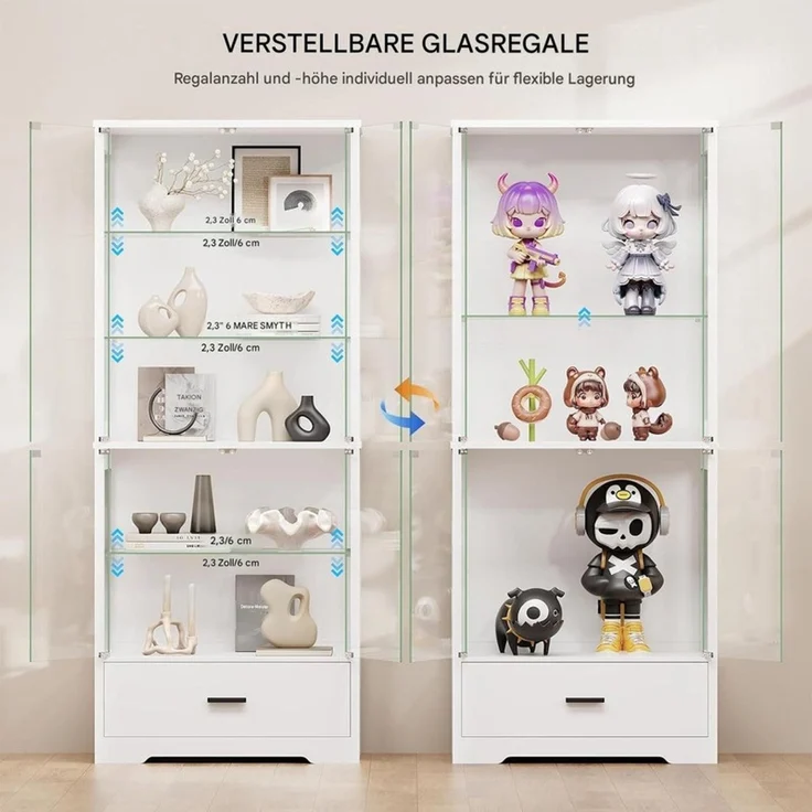 Glasvitrine 75x35x179.5 cm, 5-stöckige Vitrine mit Schublade, LED-Beleuchtung und Sensor, Weiß – Bild 3