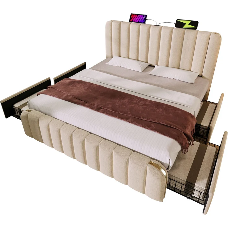Polsterbett Doppeltes, gepolstertes Kopfteil mit goldenen Zierstreifen und ,USB Typ-C Ladefunktion 180*200 cm, Beige Leinen-Material mit 4 Schubladen ,Belastbarkeit 226 kg (Ohne Matratze) – Bild 8