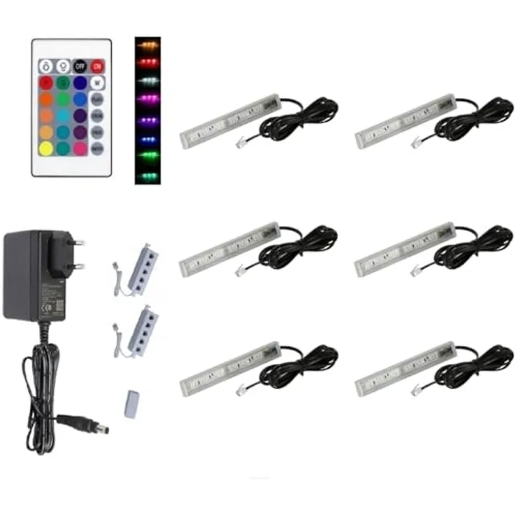 QLS LED Unterbauleuchte RGB 12V 2-8 Stück Schwarz, LED fest integriert, Glasbodenbeleuchtung Lichtleiste Fernbedienung 16 Farben Dimmbar