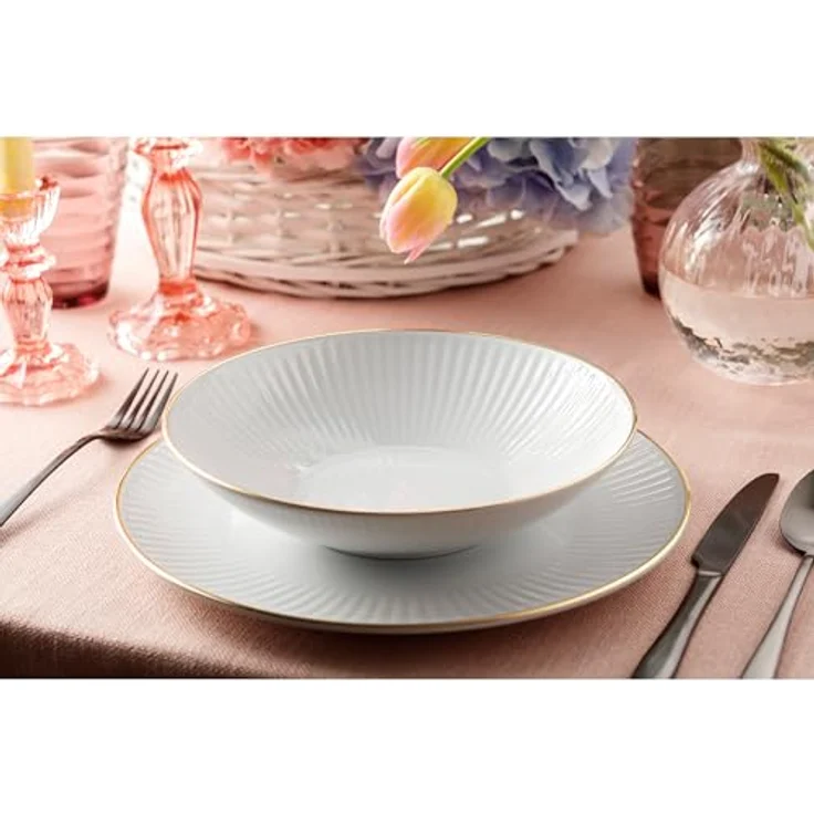 Creatable Tafelservice Valencia, 12-teiliges Geschirrset aus Keramik, Weiß und Gold, handbemalt, lebensmittelecht, stapelbar – Bild 5