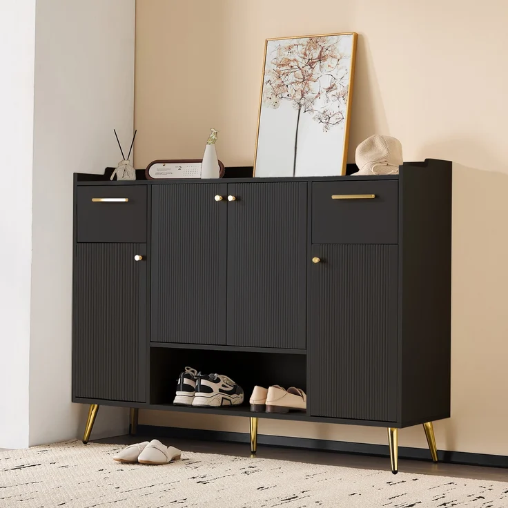 Schuhschrank Schwarz Modern Mit 4 Türen Und 2 Schubladen 130cm Breit Aufbewahrungsschrank Mit Offenem Fach Hohe Beine Schuhregal Für Flur Eingangsbereich Schlafzimmer Maximierter Stauraum Für Schuhe Accessoires Kippsicherung Inklusive Hochwertige Spanp... – Bild 8