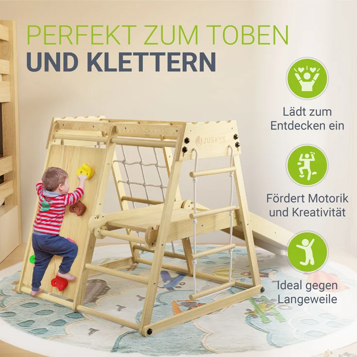 Juskys Mini Klettergerüst mit Rutsche, Kletterwand, Kletternetz & Turnringe, klappbar, Holzwerkstoff natur, 105 x 100 x 100 cm – Bild 5