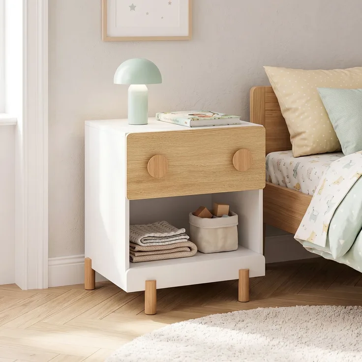 Kindernachttisch Vaarentaa mit Schublade und Ablagefach 47 x 40 x 35 cm Weiß/Eicheoptik [en. casa]