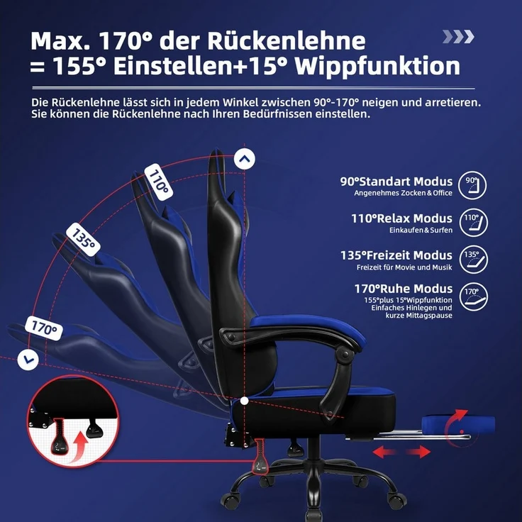 Hiazurm Gaming-Stuhl Gaming Stuhl, Bürostuhl Ergonomisch Wippfunktion bis zu 170° (Gaming Chair mit gepolsterten Armlehnen, 10 cm Höhenverstellung), Verstellbarem Lenden- & Kopfkissen, Gamer Stuhl 150kg Belastbarkeit – Bild 2