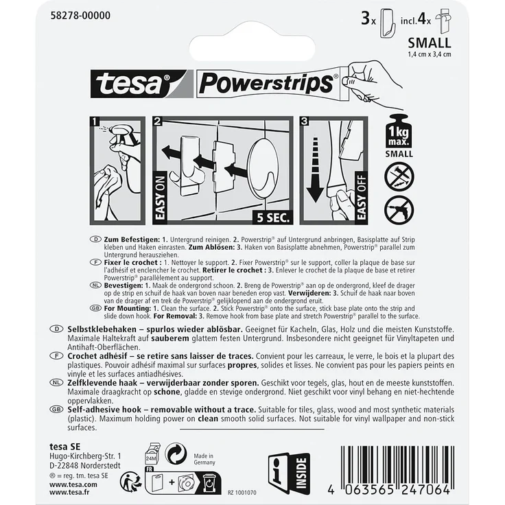 tesa Powerstrips Klebehaken Small Eckig - 3 x selbstklebende Wandhaken - für Kacheln, Glas, Kunststoff und weitere Untergründe - 1 kg Halteleistung - Schwarz – Bild 4