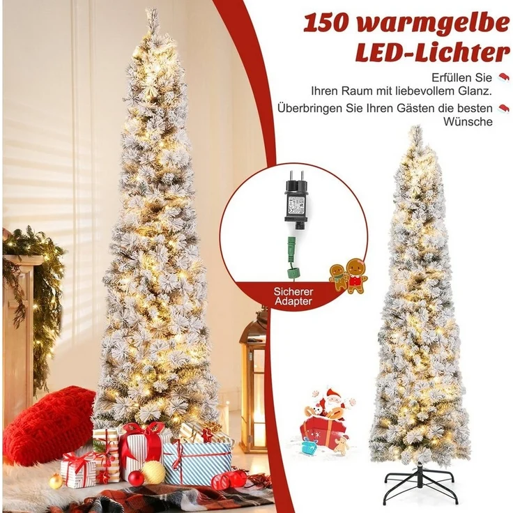 COSTWAY Künstlicher Weihnachtsbaum, 180cm schmal mit Schnee und 150 LEDs – Bild 3