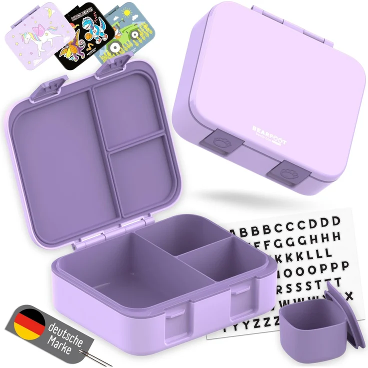 BEARFOOT Bento Box COMPACT Kinder Brotdose (Lila, 1.000 ml) | BPA-frei, auslaufsichere Lunchbox mit Fächern, für Schule & Kindergarten, für Mädchen & Jungen, leicht & kompakt